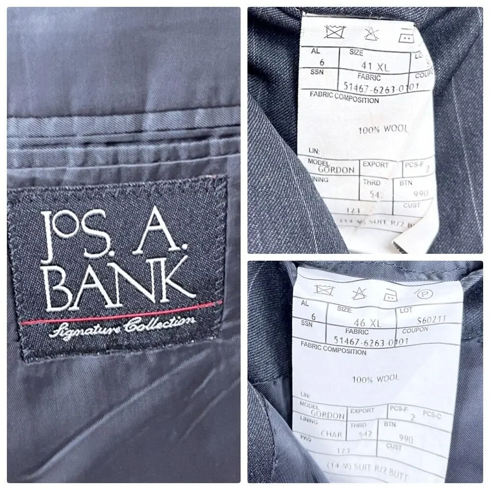 Jos A Bank Wool Suit Gray Striped Mens 46 XL Jacket 40x32 Pleated Cuffed Pants